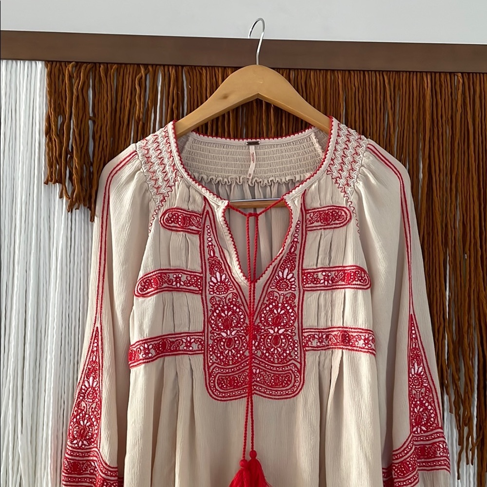 Free People Wind Willow Mini Peasant Dress - Red and Cream XS fits generous - Picture 3 of 8